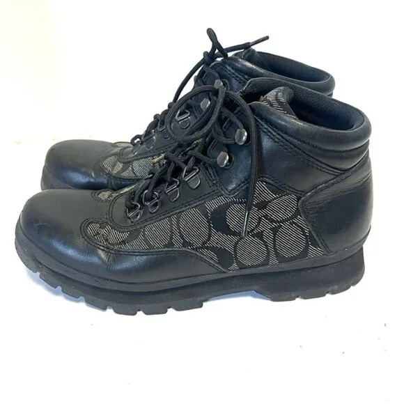VTG Coach Women’s 7.5 Black Leather Monogram Hiking Boots Chunky Gorpcore Y2K - Picture 1 of 11